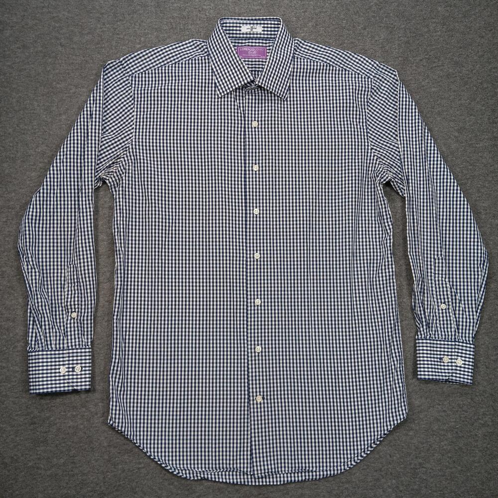 Lorenzo Uomo Dress Shirt Mens 15.5 32/33 Blue Gingham Trim Fit Long Sleeve